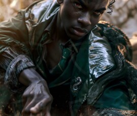 AI-generated wizards of the serpent house handsome shirtless mages of the wizard academy conjuring demonic snakes in dark cinematic UHD fantasy art.