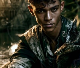 AI-generated wizards of the serpent house handsome shirtless mages of the wizard academy conjuring demonic snakes in dark cinematic UHD fantasy art.