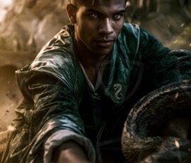 AI-generated wizards of the serpent house handsome shirtless mages of the wizard academy conjuring demonic snakes in dark cinematic UHD fantasy art.