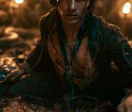 AI-generated wizards of the serpent house handsome shirtless mages of the wizard academy conjuring demonic snakes in dark cinematic UHD fantasy art.