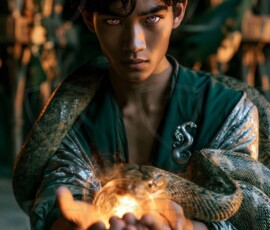 AI-generated wizards of the serpent house handsome shirtless mages of the wizard academy conjuring demonic snakes in dark cinematic UHD fantasy art.