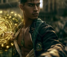 AI-generated wizards of the serpent house handsome shirtless mages of the wizard academy conjuring demonic snakes in dark cinematic UHD fantasy art.