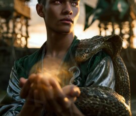 AI-generated wizards of the serpent house handsome shirtless mages of the wizard academy conjuring demonic snakes in dark cinematic UHD fantasy art.