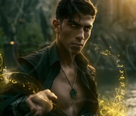 AI-generated wizards of the serpent house handsome shirtless mages of the wizard academy conjuring demonic snakes in dark cinematic UHD fantasy art.