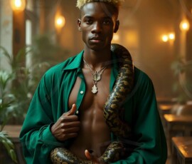 AI-generated wizards of the serpent house handsome shirtless mages of the wizard academy conjuring demonic snakes in dark cinematic UHD fantasy art.