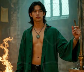 AI-generated wizards of the serpent house handsome shirtless mages of the wizard academy conjuring demonic snakes in dark cinematic UHD fantasy art.