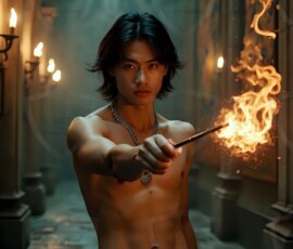 AI-generated wizards of the serpent house handsome shirtless mages of the wizard academy conjuring demonic snakes in dark cinematic UHD fantasy art.