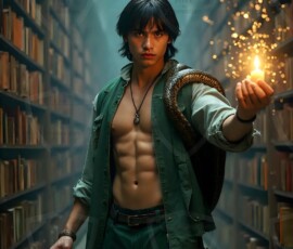 AI-generated wizards of the serpent house handsome shirtless mages of the wizard academy conjuring demonic snakes in dark cinematic UHD fantasy art.