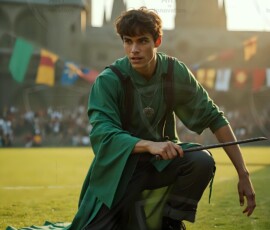 AI-generated wizards of the serpent house handsome shirtless mages of the wizard academy conjuring demonic snakes in dark cinematic UHD fantasy art.