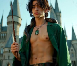 AI-generated wizards of the serpent house handsome shirtless mages of the wizard academy conjuring demonic snakes in dark cinematic UHD fantasy art.