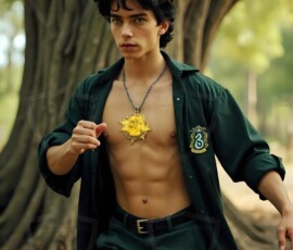 AI-generated wizards of the serpent house handsome shirtless mages of the wizard academy conjuring demonic snakes in dark cinematic UHD fantasy art.