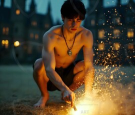 AI-generated wizards of the serpent house handsome shirtless mages of the wizard academy conjuring demonic snakes in dark cinematic UHD fantasy art.