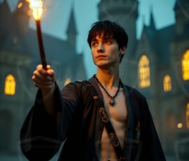 AI-generated wizards of the serpent house handsome shirtless mages of the wizard academy conjuring demonic snakes in dark cinematic UHD fantasy art.