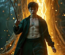 AI-generated wizards of the serpent house handsome shirtless mages of the wizard academy conjuring demonic snakes in dark cinematic UHD fantasy art.