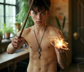 AI-generated wizards of the serpent house handsome shirtless mages of the wizard academy conjuring demonic snakes in dark cinematic UHD fantasy art.