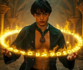 AI-generated wizards of the serpent house handsome shirtless mages of the wizard academy conjuring demonic snakes in dark cinematic UHD fantasy art.