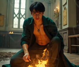 AI-generated wizards of the serpent house handsome shirtless mages of the wizard academy conjuring demonic snakes in dark cinematic UHD fantasy art.