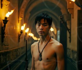 AI-generated wizards of the serpent house handsome shirtless mages of the wizard academy conjuring demonic snakes in dark cinematic UHD fantasy art.