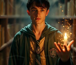 AI-generated wizards of the serpent house handsome shirtless mages of the wizard academy conjuring demonic snakes in dark cinematic UHD fantasy art.