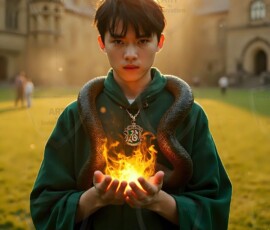 AI-generated wizards of the serpent house handsome shirtless mages of the wizard academy conjuring demonic snakes in dark cinematic UHD fantasy art.