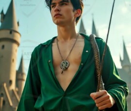 AI-generated wizards of the serpent house handsome shirtless mages of the wizard academy conjuring demonic snakes in dark cinematic UHD fantasy art.