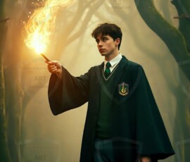 AI-generated wizards of the serpent house handsome shirtless mages of the wizard academy conjuring demonic snakes in dark cinematic UHD fantasy art.