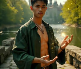 AI-generated wizards of the serpent house handsome shirtless mages of the wizard academy conjuring demonic snakes in dark cinematic UHD fantasy art.