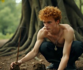 AI-generated wizards of the serpent house handsome shirtless mages of the wizard academy conjuring demonic snakes in dark cinematic UHD fantasy art.