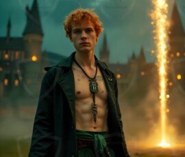 AI-generated wizards of the serpent house handsome shirtless mages of the wizard academy conjuring demonic snakes in dark cinematic UHD fantasy art.