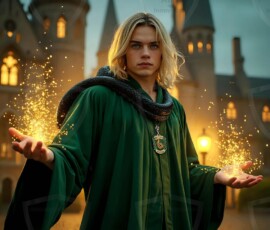 AI-generated wizards of the serpent house handsome shirtless mages of the wizard academy conjuring demonic snakes in dark cinematic UHD fantasy art.