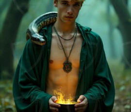 AI-generated wizards of the serpent house handsome shirtless mages of the wizard academy conjuring demonic snakes in dark cinematic UHD fantasy art.