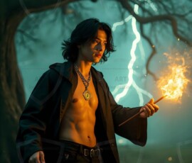 AI-generated wizards of the serpent house handsome shirtless mages of the wizard academy conjuring demonic snakes in dark cinematic UHD fantasy art.