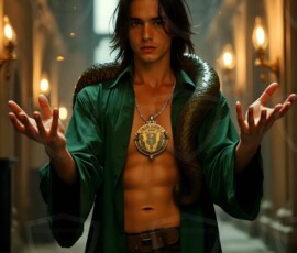 AI-generated wizards of the serpent house handsome shirtless mages of the wizard academy conjuring demonic snakes in dark cinematic UHD fantasy art.