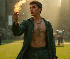AI-generated wizards of the serpent house handsome shirtless mages of the wizard academy conjuring demonic snakes in dark cinematic UHD fantasy art.