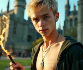 AI-generated wizards of the serpent house handsome shirtless mages of the wizard academy conjuring demonic snakes in dark cinematic UHD fantasy art.