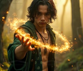 AI-generated wizards of the serpent house handsome shirtless mages of the wizard academy conjuring demonic snakes in dark cinematic UHD fantasy art.