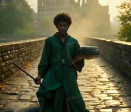 AI-generated wizards of the serpent house handsome shirtless mages of the wizard academy conjuring demonic snakes in dark cinematic UHD fantasy art.
