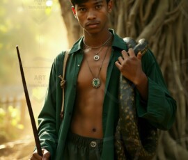 AI-generated wizards of the serpent house handsome shirtless mages of the wizard academy conjuring demonic snakes in dark cinematic UHD fantasy art.
