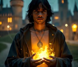 AI-generated wizards of the serpent house handsome shirtless mages of the wizard academy conjuring demonic snakes in dark cinematic UHD fantasy art.