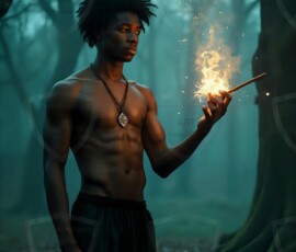 AI-generated wizards of the serpent house handsome shirtless mages of the wizard academy conjuring demonic snakes in dark cinematic UHD fantasy art.