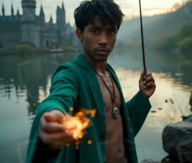 AI-generated wizards of the serpent house handsome shirtless mages of the wizard academy conjuring demonic snakes in dark cinematic UHD fantasy art.