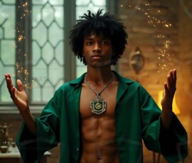 AI-generated wizards of the serpent house handsome shirtless mages of the wizard academy conjuring demonic snakes in dark cinematic UHD fantasy art.