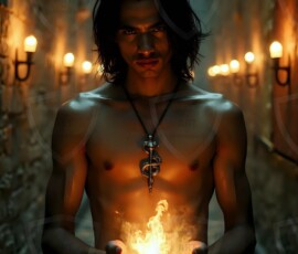 AI-generated wizards of the serpent house handsome shirtless mages of the wizard academy conjuring demonic snakes in dark cinematic UHD fantasy art.