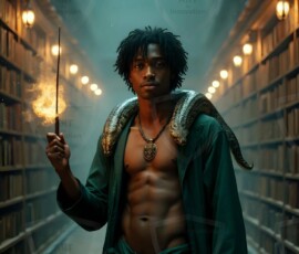 AI-generated wizards of the serpent house handsome shirtless mages of the wizard academy conjuring demonic snakes in dark cinematic UHD fantasy art.