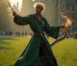 AI-generated wizards of the serpent house handsome shirtless mages of the wizard academy conjuring demonic snakes in dark cinematic UHD fantasy art.