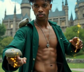 AI-generated wizards of the serpent house handsome shirtless mages of the wizard academy conjuring demonic snakes in dark cinematic UHD fantasy art.