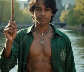 AI-generated wizards of the serpent house handsome shirtless mages of the wizard academy conjuring demonic snakes in dark cinematic UHD fantasy art.