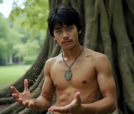 AI-generated wizards of the serpent house handsome shirtless mages of the wizard academy conjuring demonic snakes in dark cinematic UHD fantasy art.