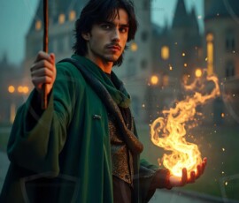 AI-generated wizards of the serpent house handsome shirtless mages of the wizard academy conjuring demonic snakes in dark cinematic UHD fantasy art.