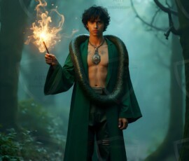 AI-generated wizards of the serpent house handsome shirtless mages of the wizard academy conjuring demonic snakes in dark cinematic UHD fantasy art.